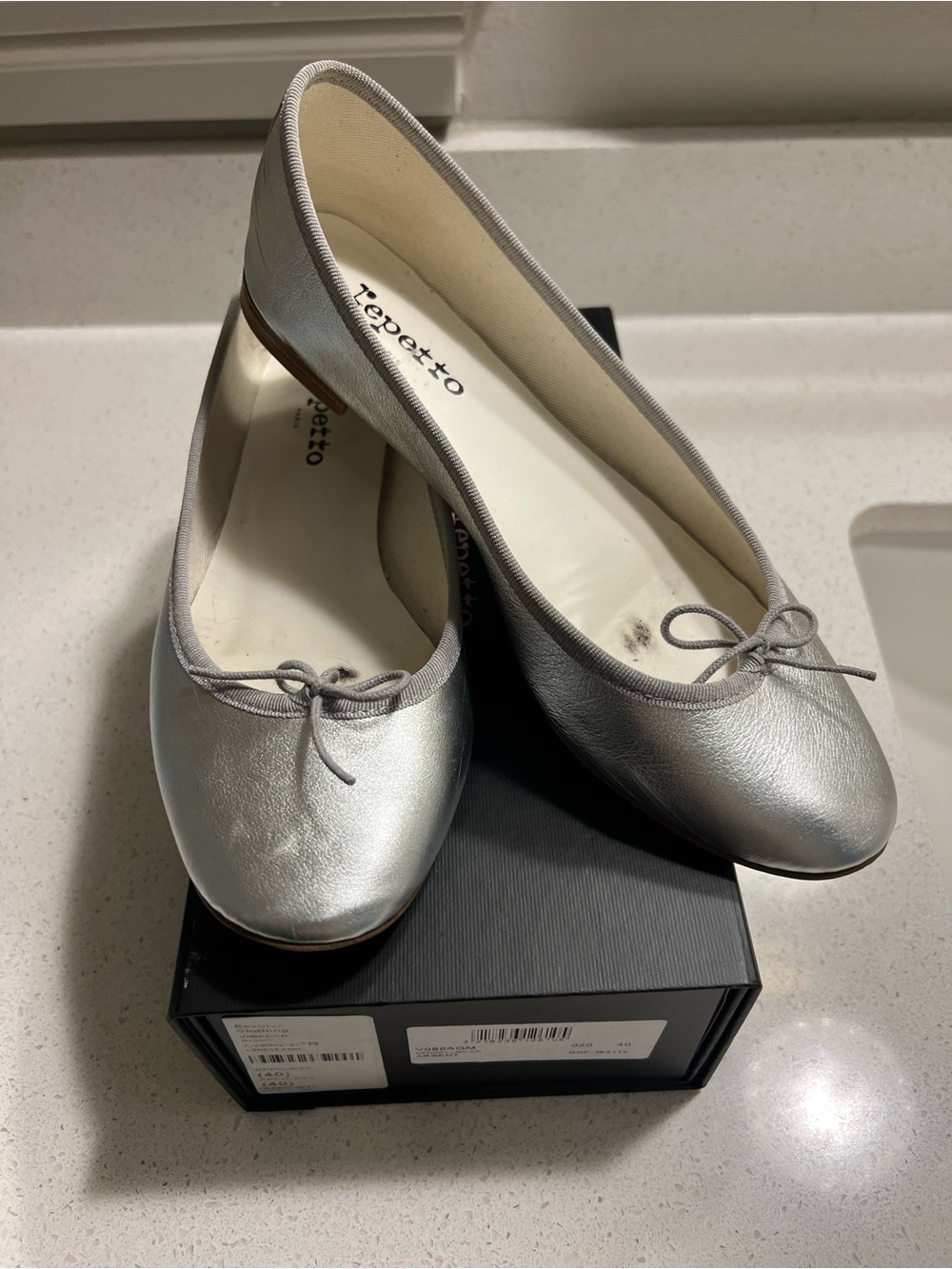 Repetto Silver Leather Ballerina Flats with Bow Trim